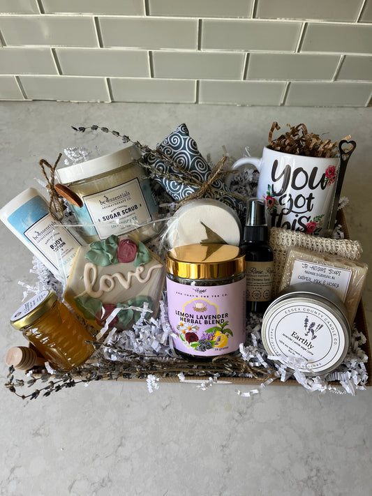 "Feel Better Sooner Get Well Gift Basket with mug, honey, tea, cookie, spray, scrub, steamer, lotion, candle, soap, and eye pillow"
