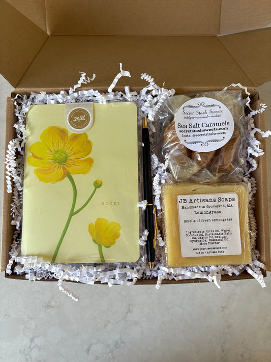 "Hello Sunshine Gift Box with sea salt caramel, buttercup mini notepad and pen, and lemongrass soap bar"