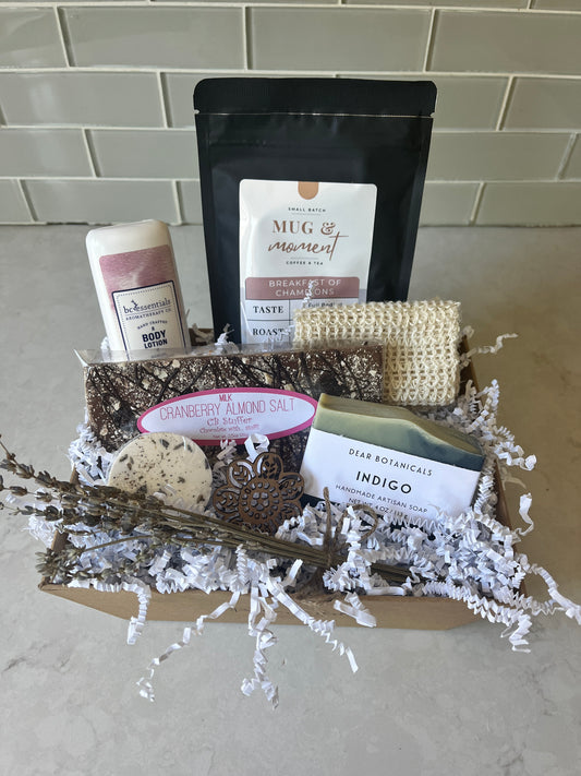 "Reset & Renew Wellness Gift Basket with body lotion, indigo soap, lavender shower steamer, chocolate bar, and coffee"