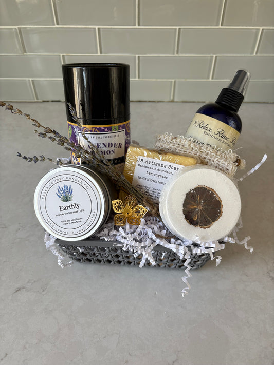 "Lemon & Lavender Serenity Gift Basket with lavender spray, lemon shower steamer, lemongrass soap bar, lavender pine sage candle, and lemon lavender drink mix"